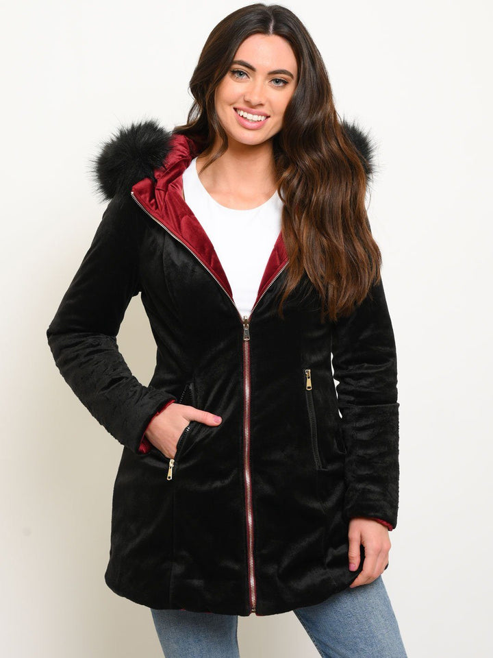 WOMEN'S MID-LENGTH HOODED VELVET QUILTED REVERSIBLE COAT