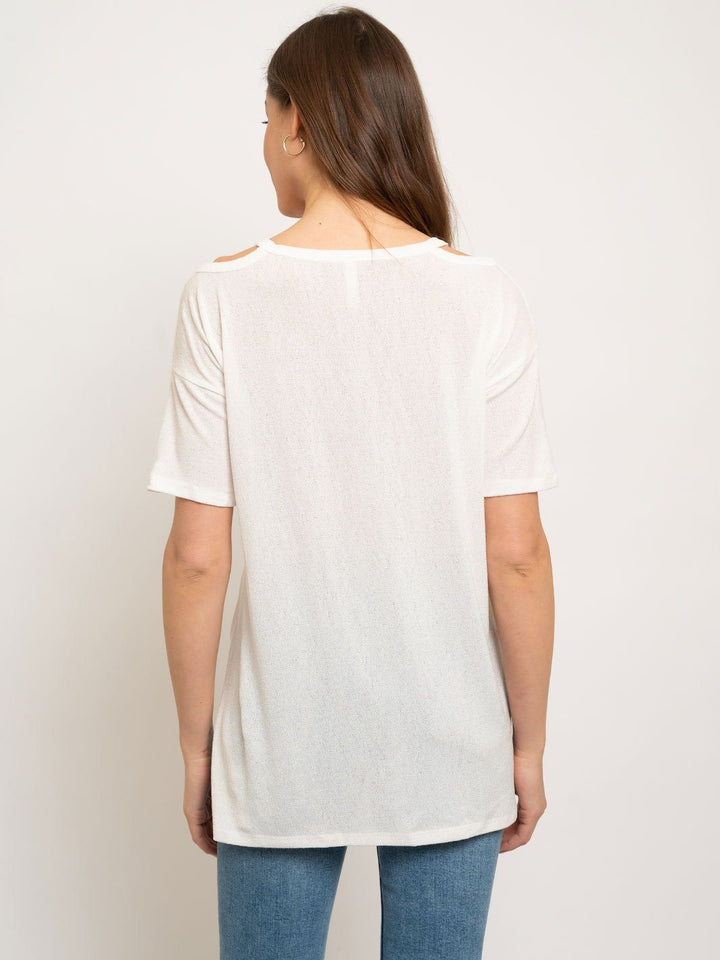 CREPE CUTOUT SHOULDER KNIT TOP