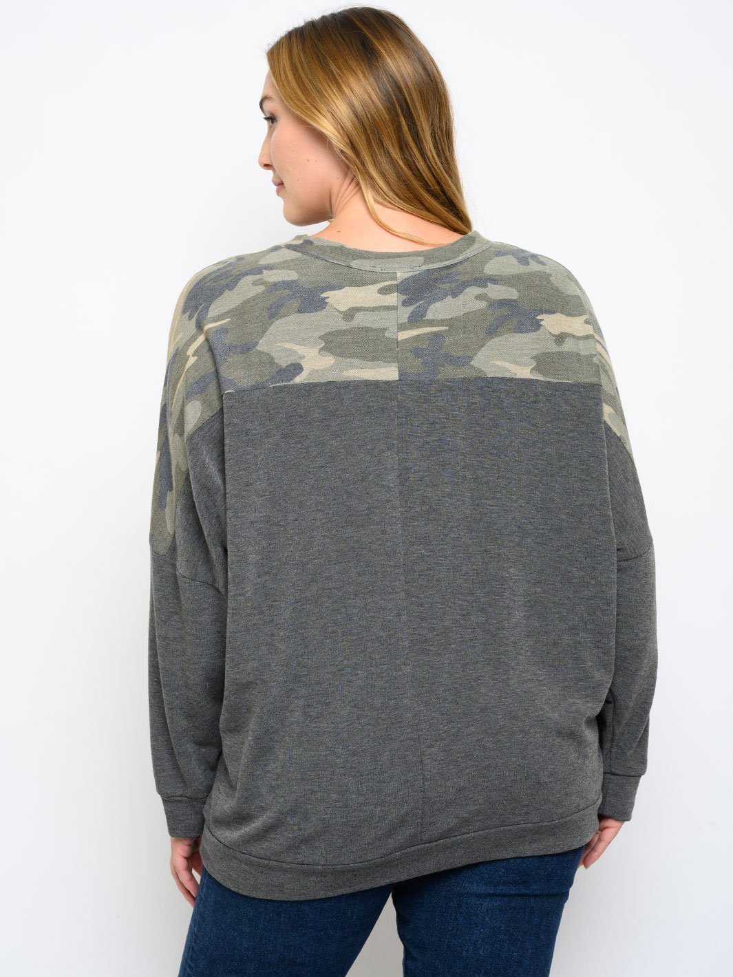 PLUS SIZE ARMY PRINT LONG SLEEVE TOP