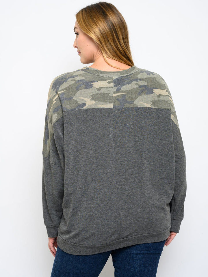 PLUS SIZE ARMY PRINT LONG SLEEVE TOP
