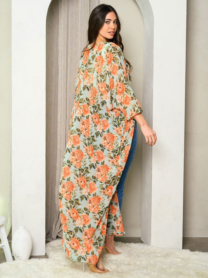 WOMEN'S 3/4 SLEEVES FRONT TIE FLORAL KIMONO