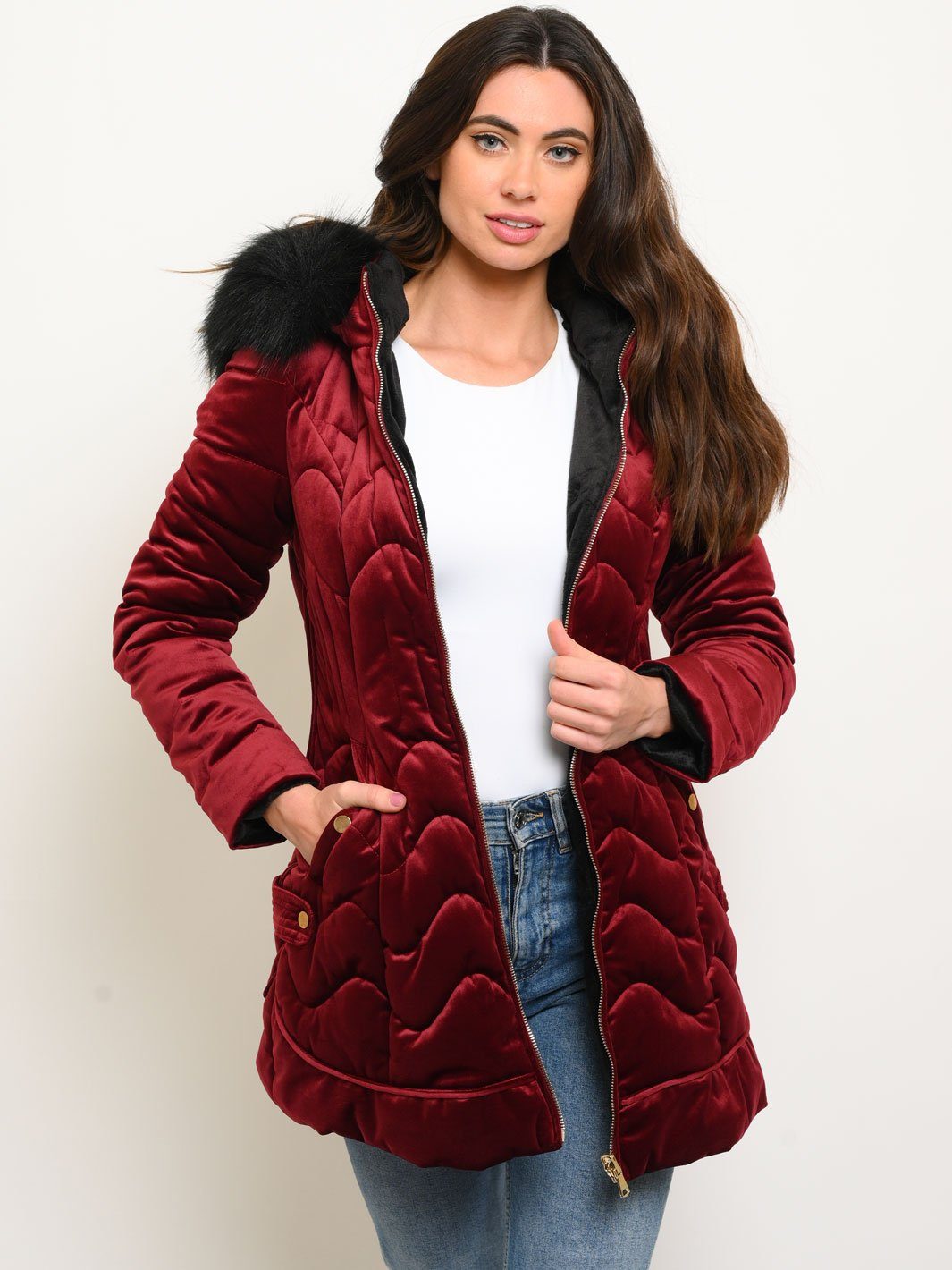 WOMEN'S MID-LENGTH HOODED VELVET QUILTED REVERSIBLE COAT