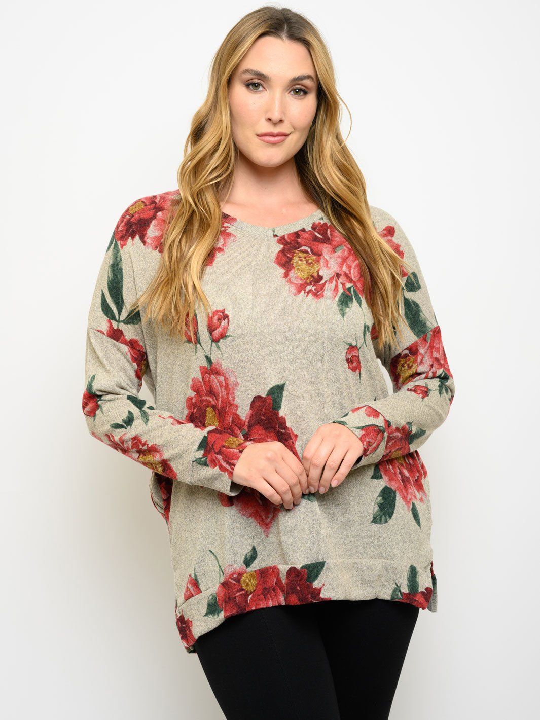 PLUS SIZE LONG SLEEVE FLORAL TUNIC TOP