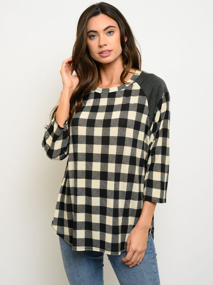 WOMEN'S PLAID 3/4 SLEEVES TOP