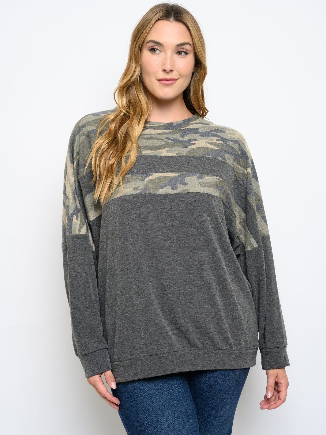 PLUS SIZE ARMY PRINT LONG SLEEVE TOP