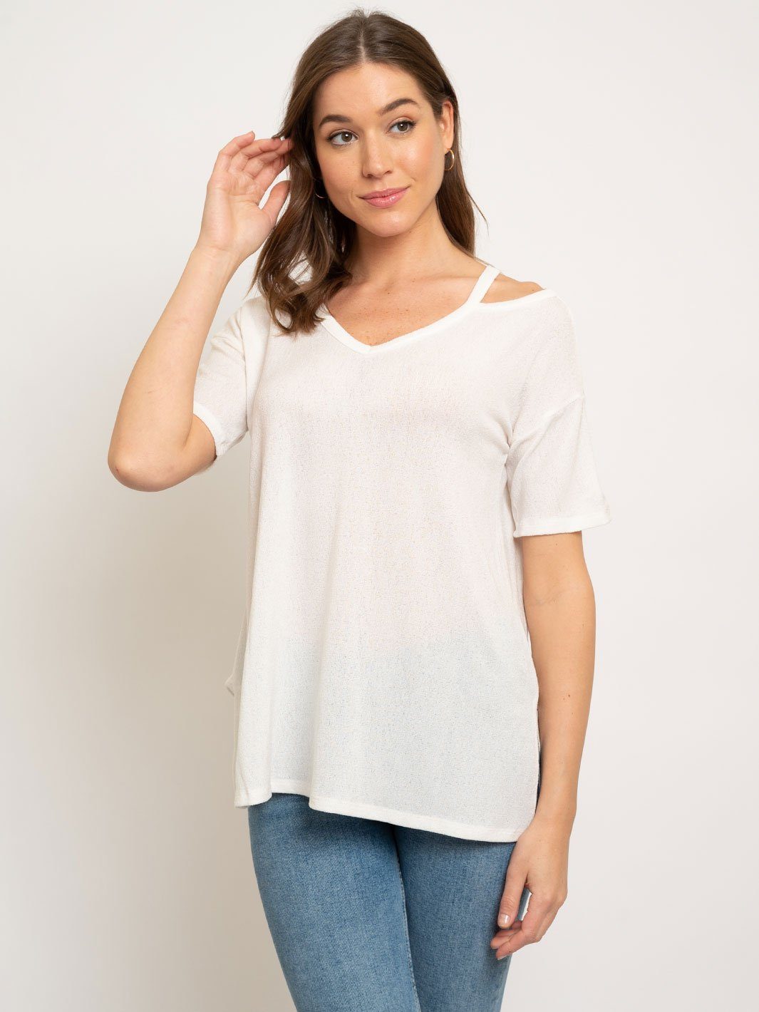 CREPE CUTOUT SHOULDER KNIT TOP