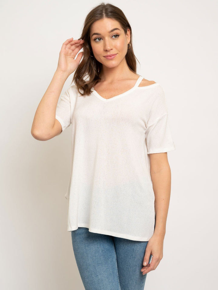 CREPE CUTOUT SHOULDER KNIT TOP