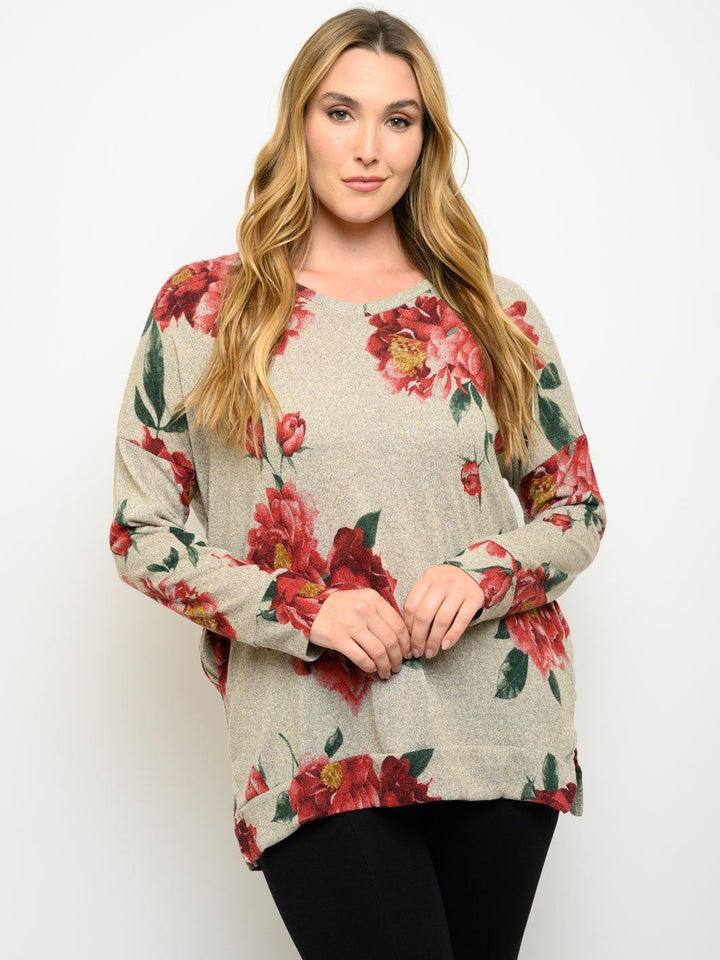 PLUS SIZE LONG SLEEVE FLORAL TUNIC TOP