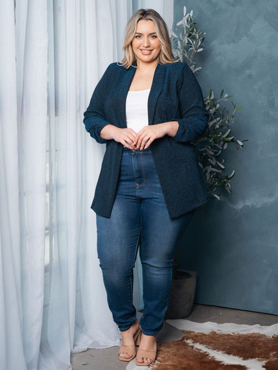 PLUS SIZE 3/4 SLEEVE OPEN FRONT SHIMMER CARDIGAN
