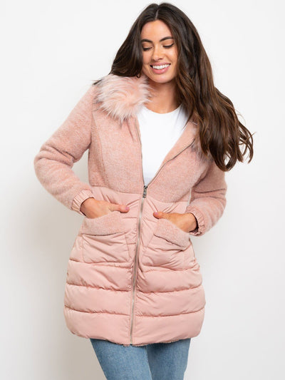 WOMEN'S LONG HOODED FAUX FUR-LINED QUILTED COAT