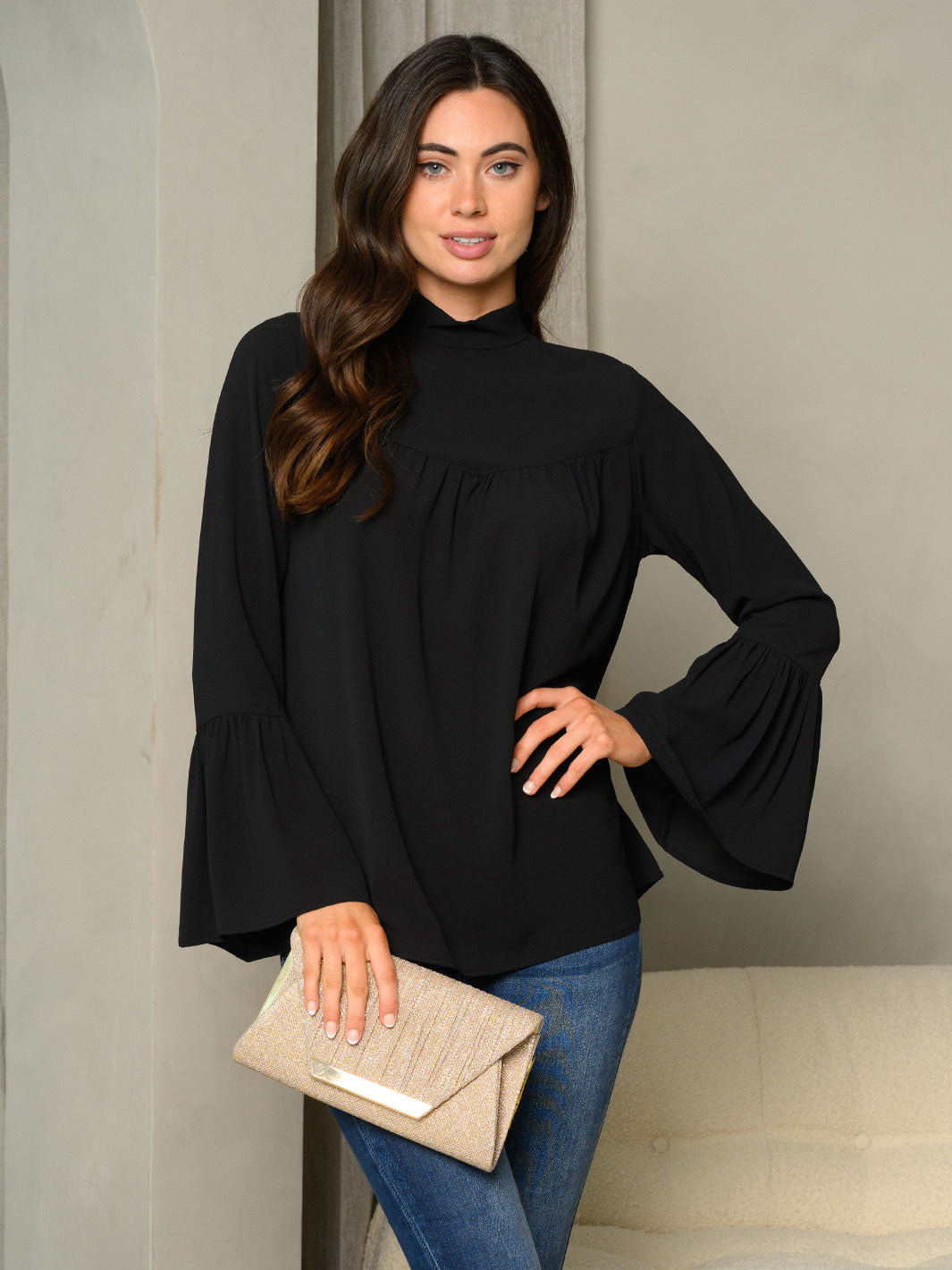 WOMEN'S MOCK NECK BELL LONG SLEEVE TOP