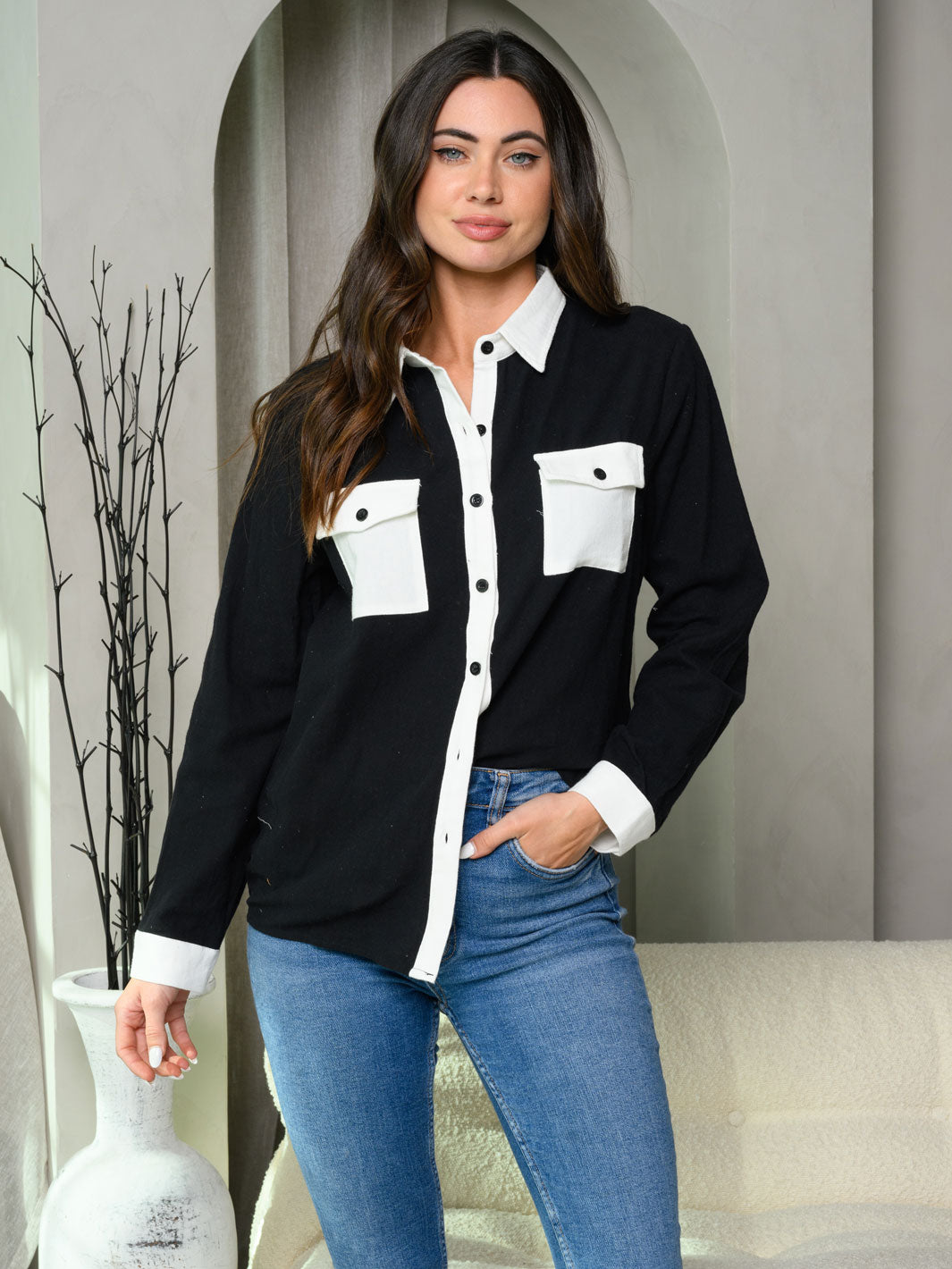Copy of WOMEN'S LONG SLEEVE BUTTON UP COLORBLOCK TOP