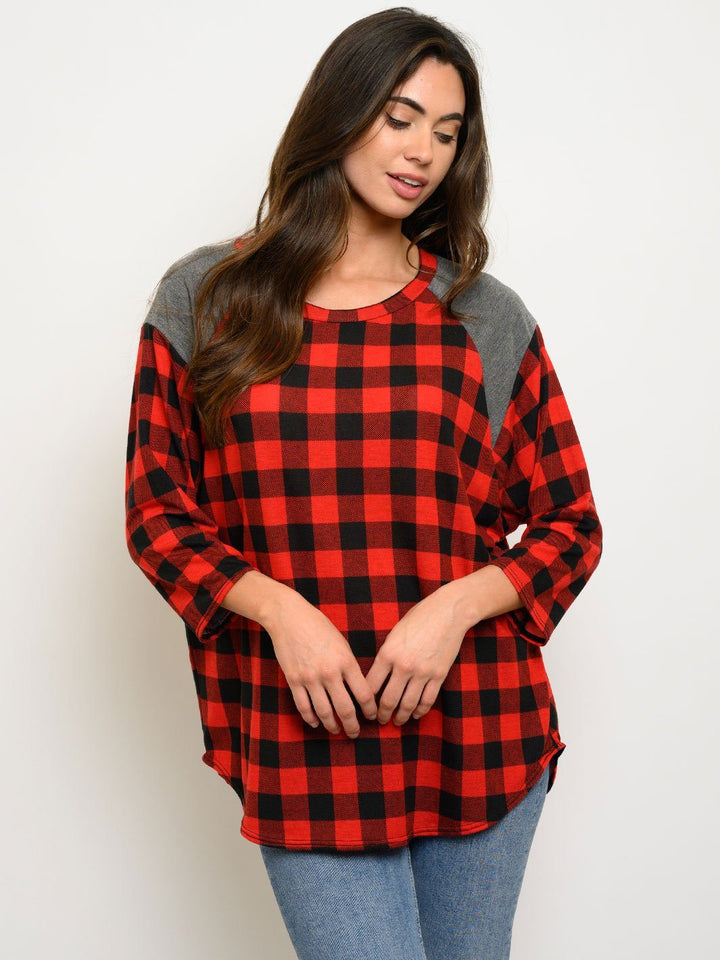 WOMEN'S PLAID 3/4 SLEEVES TOP