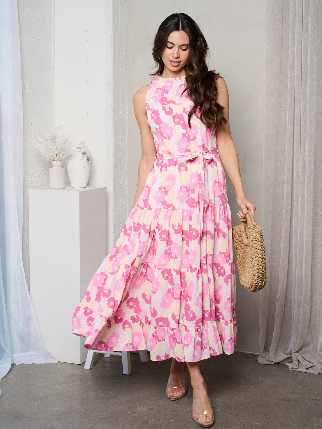 WOMEN'S SLEEVLESS MOCK NECK TIERED FLORAL MAXI DRESS