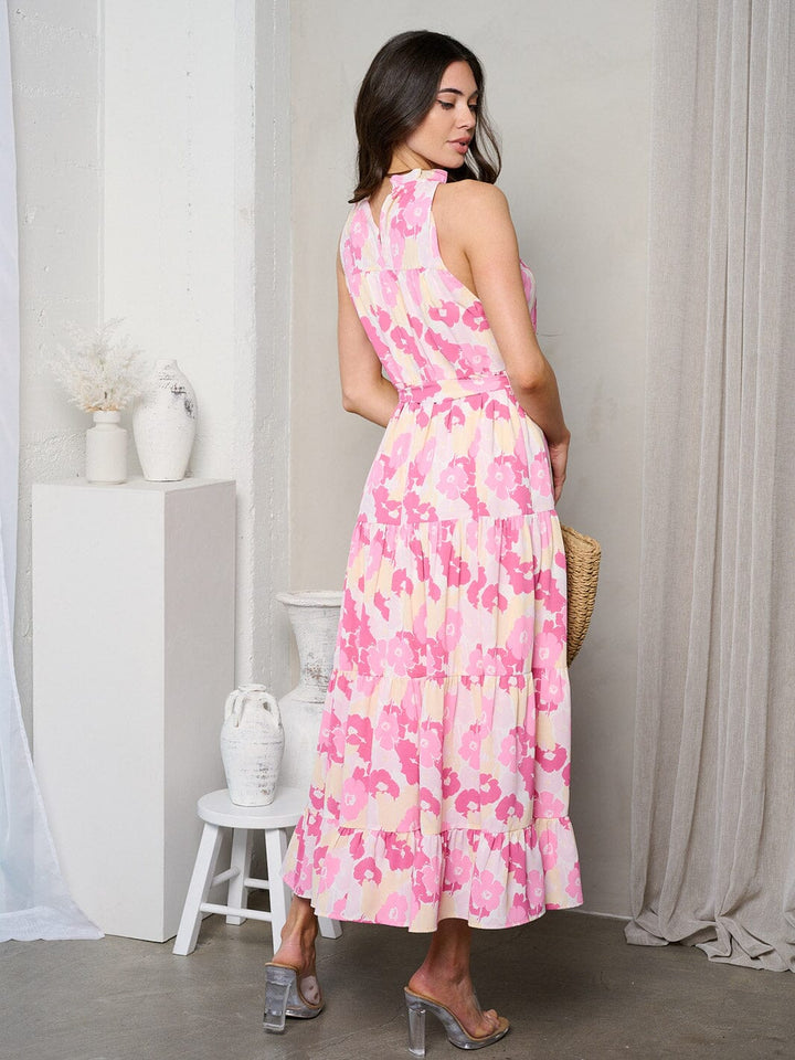 WOMEN'S SLEEVLESS MOCK NECK TIERED FLORAL MAXI DRESS