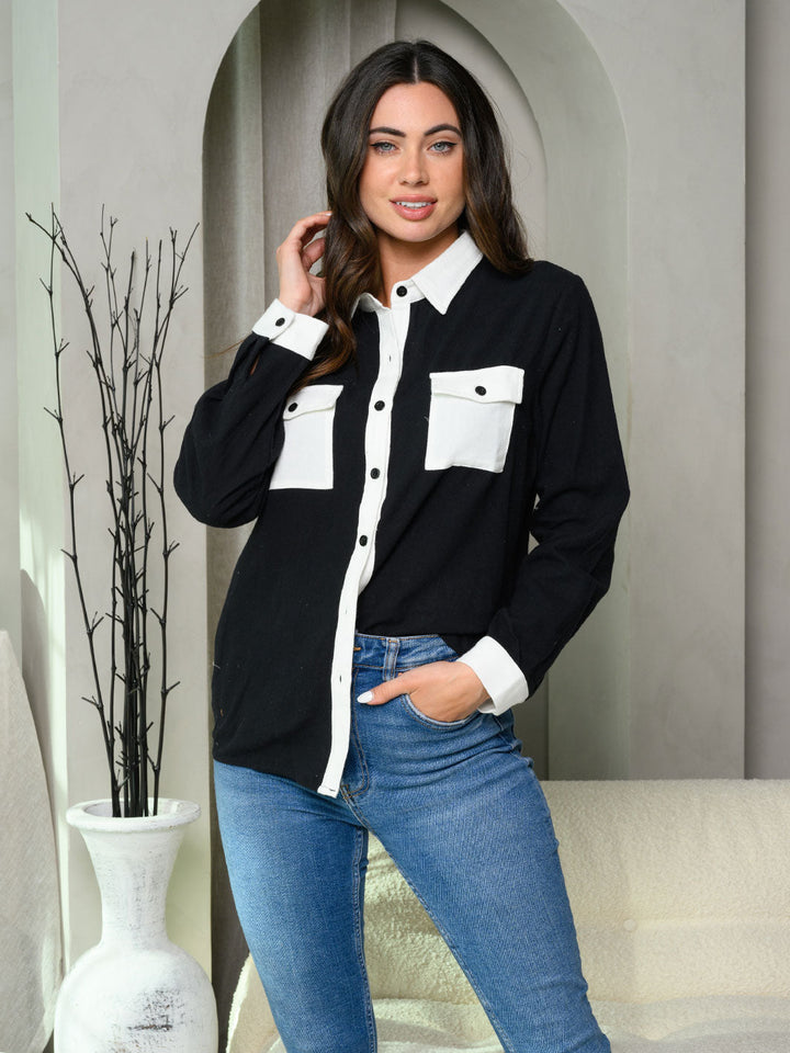 Copy of WOMEN'S LONG SLEEVE BUTTON UP COLORBLOCK TOP