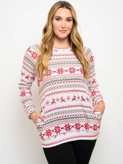 PLUS SIZE MULTI PRINT LONG SLEEVE POCKETS TOP