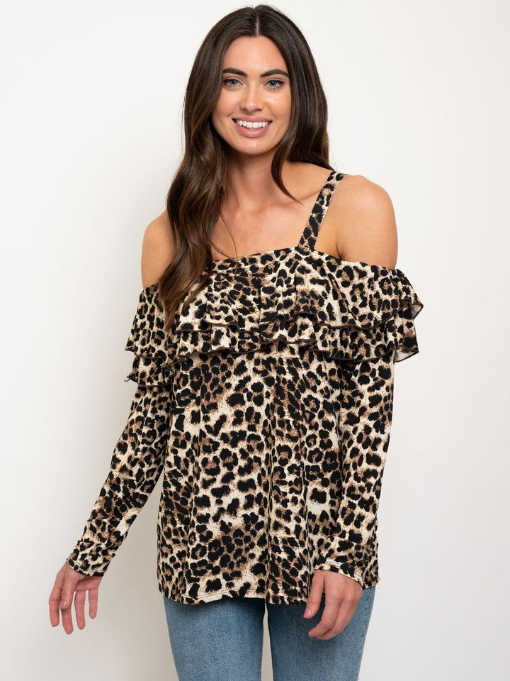 WOMEN'S ANIMAL PRINT COLS SHOULDER LONG SLEEVE TOP