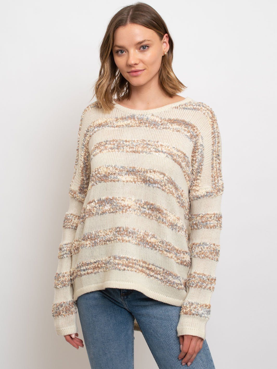 WOMEN'S STRIPES WITH CONTRASTING POPCORN SWEATER