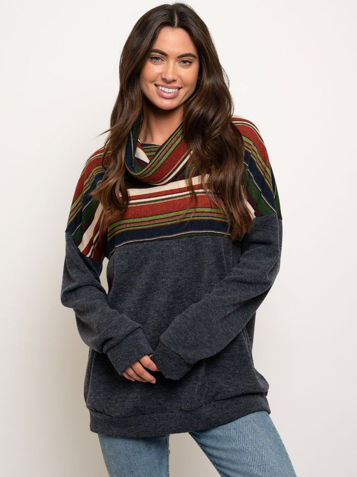 WOMEN'S STRIPES COLOR BLOCK TURTLE NECK TOP