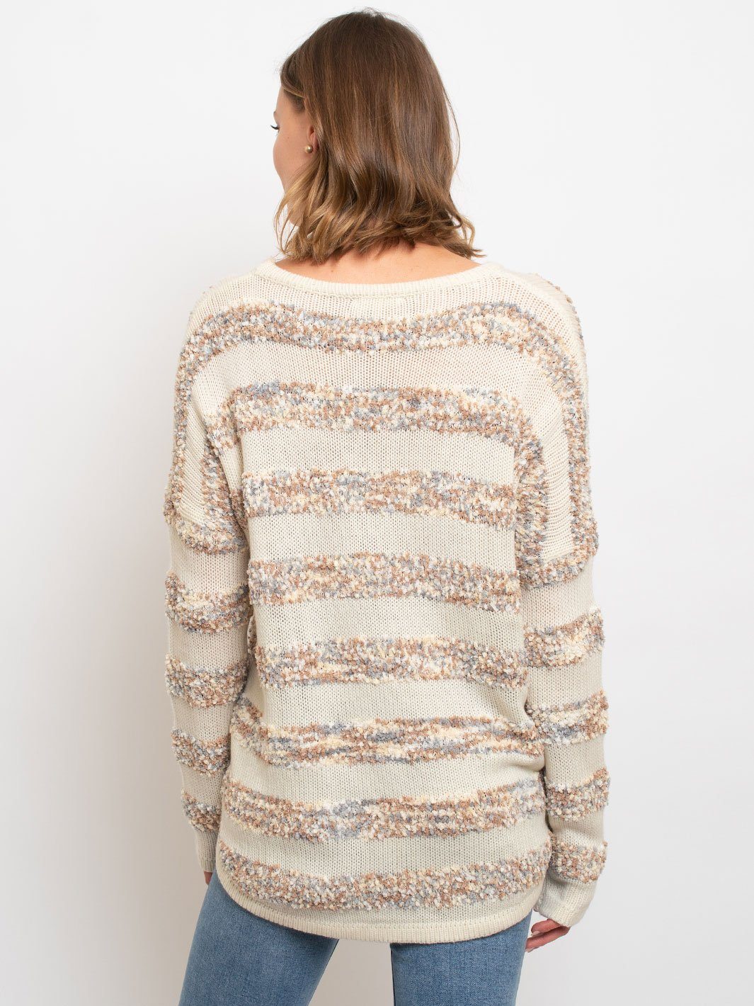 WOMEN'S STRIPES WITH CONTRASTING POPCORN SWEATER