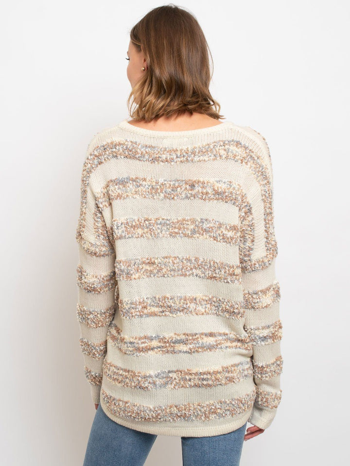 WOMEN'S STRIPES WITH CONTRASTING POPCORN SWEATER