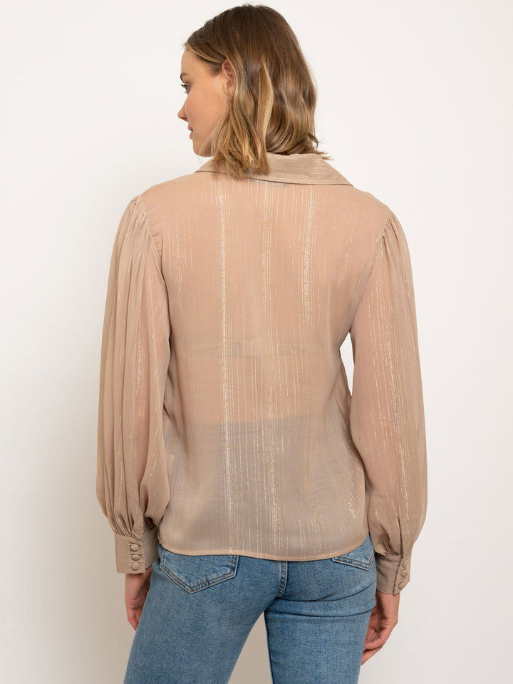 WOMEN'S LONG SLEEVE METALLIC STRIPES BUTTON FRONT TOP