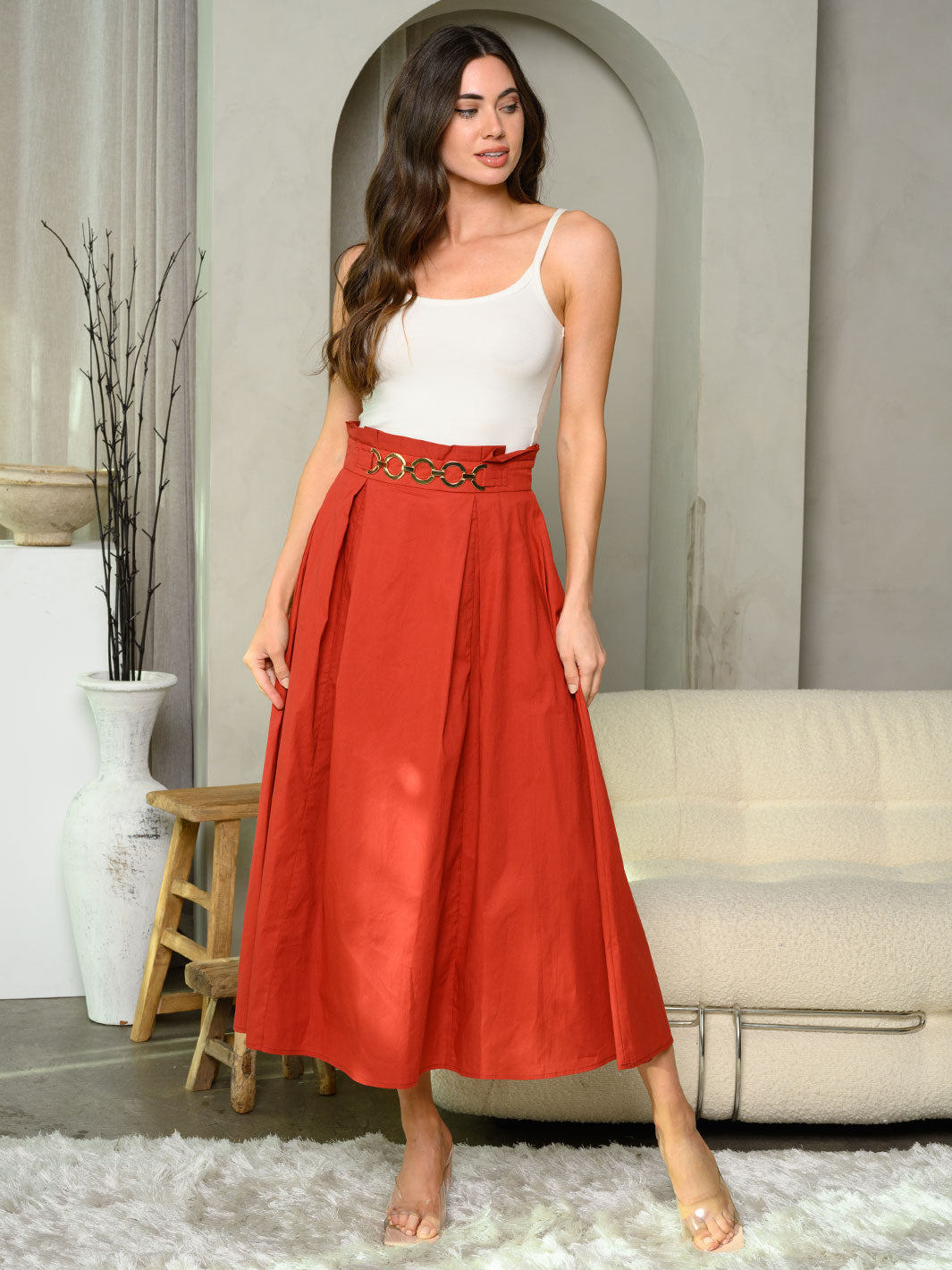 WOMEN'S PLEATED FRONT BELT DETAILED MAXI SKIRT