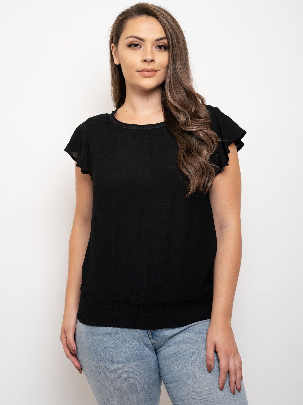 PLUS SIZE SHORT SLEEVE RUCHED TRIM TOP