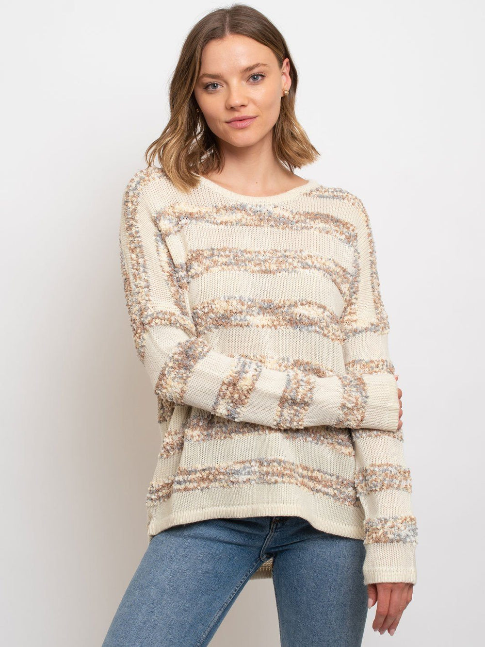 WOMEN'S STRIPES WITH CONTRASTING POPCORN SWEATER