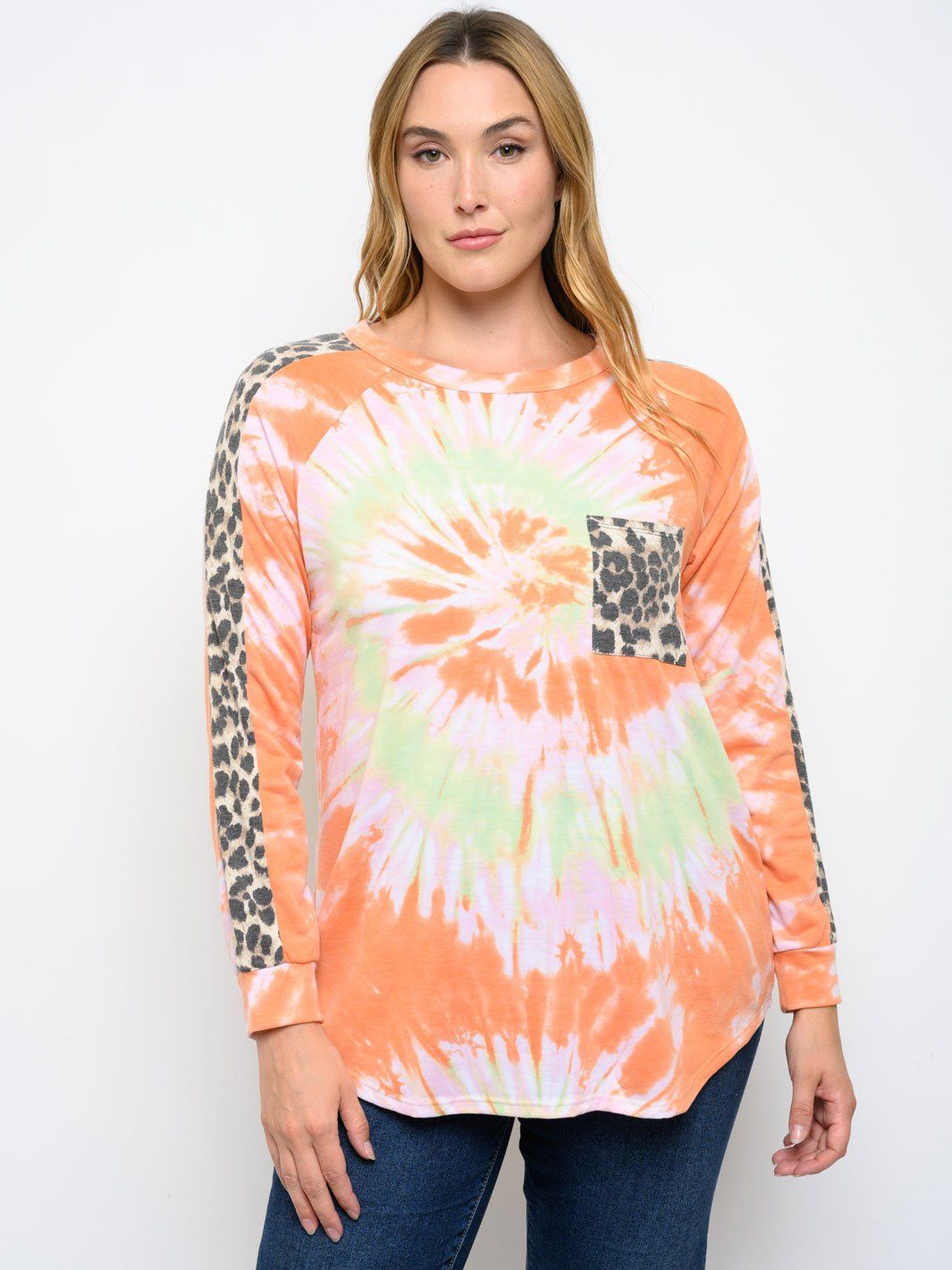 PLUS SIZE LONG SLEEVE TIE DYE ANIMAL PRINT TOP