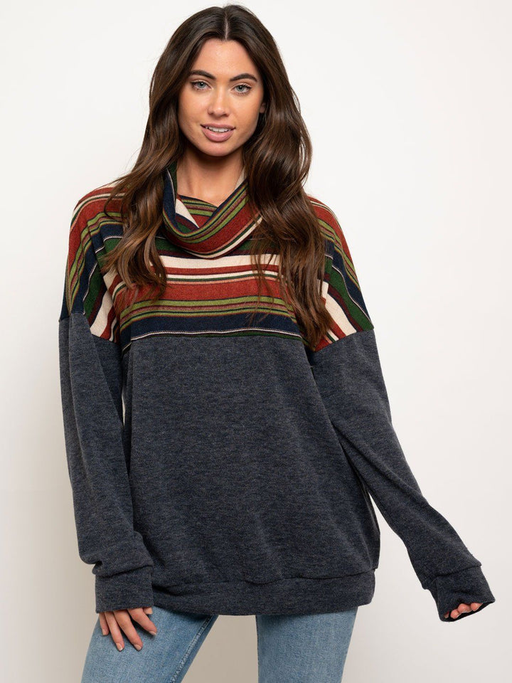 WOMEN'S STRIPES COLOR BLOCK TURTLE NECK TOP