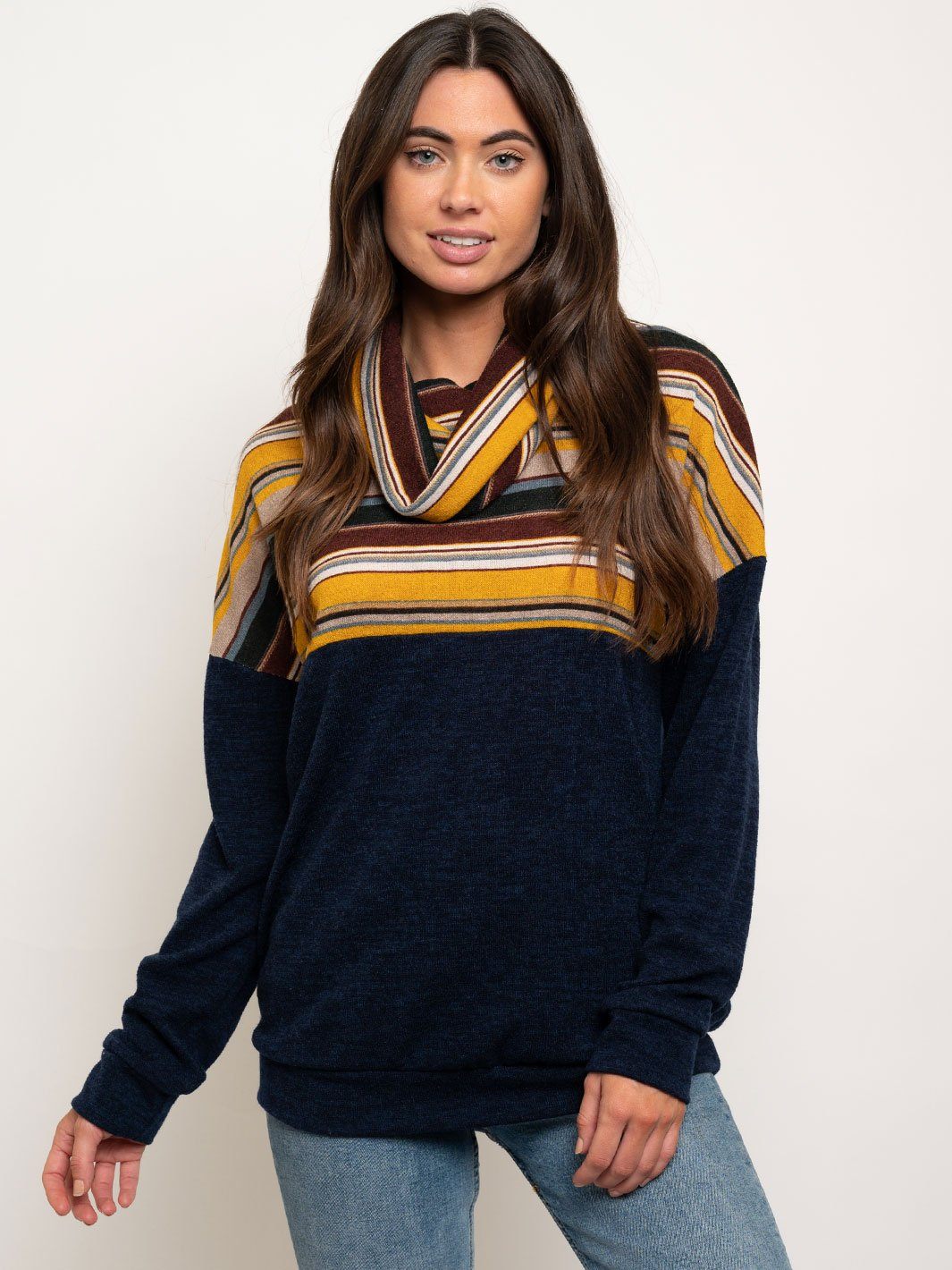 WOMEN'S STRIPES COLOR BLOCK TURTLE NECK TOP