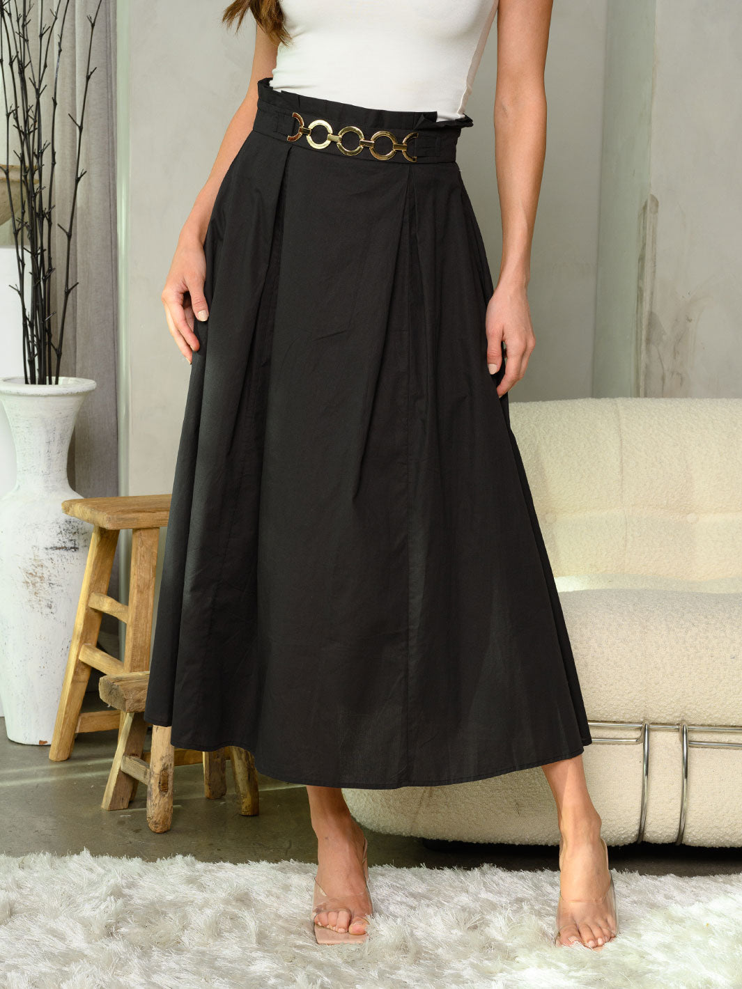 WOMEN'S PLEATED FRONT BELT DETAILED MAXI SKIRT