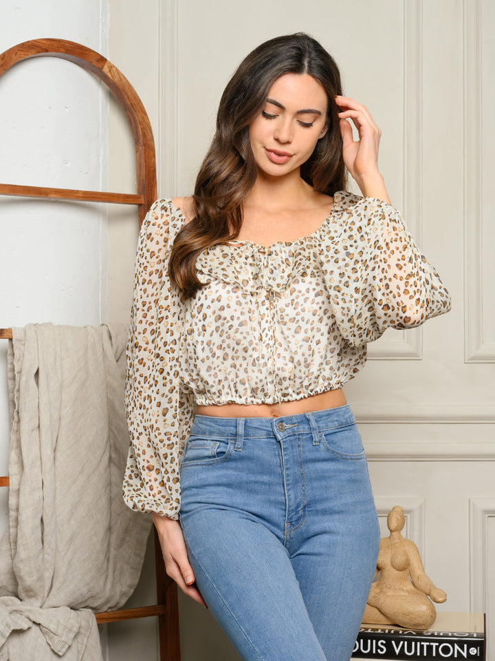WOMEN'S LONG SLEEVE ANIMAL PRINT RUFFLE TOP