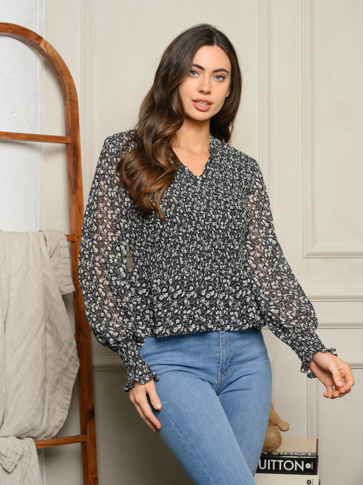 WOMEN'S SMOCKED LONG PUFF SLEEVE FLORAL PEPLUM TOP