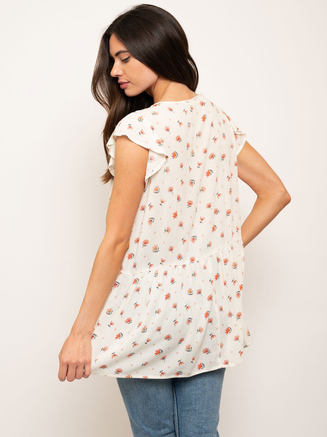 WOMEN'S SHORT RUFFLE SLEEVES FLORAL TUNIC TOP