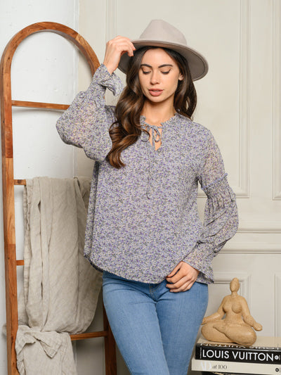 WOMEN'S SMOCKED LONG SLEEVE FLORAL TOP