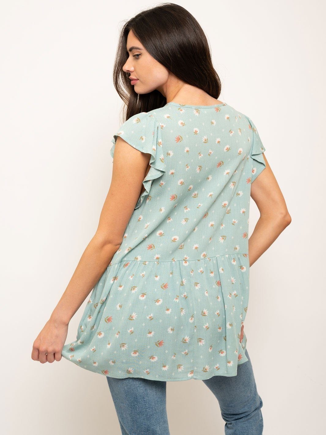 WOMEN'S SHORT RUFFLE SLEEVES FLORAL TUNIC TOP
