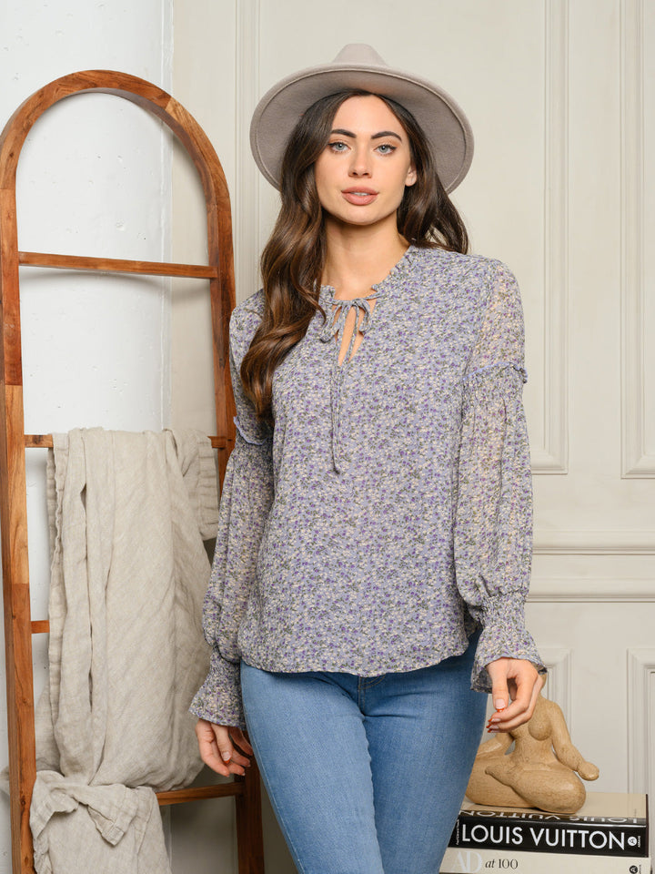 WOMEN'S SMOCKED LONG SLEEVE FLORAL TOP