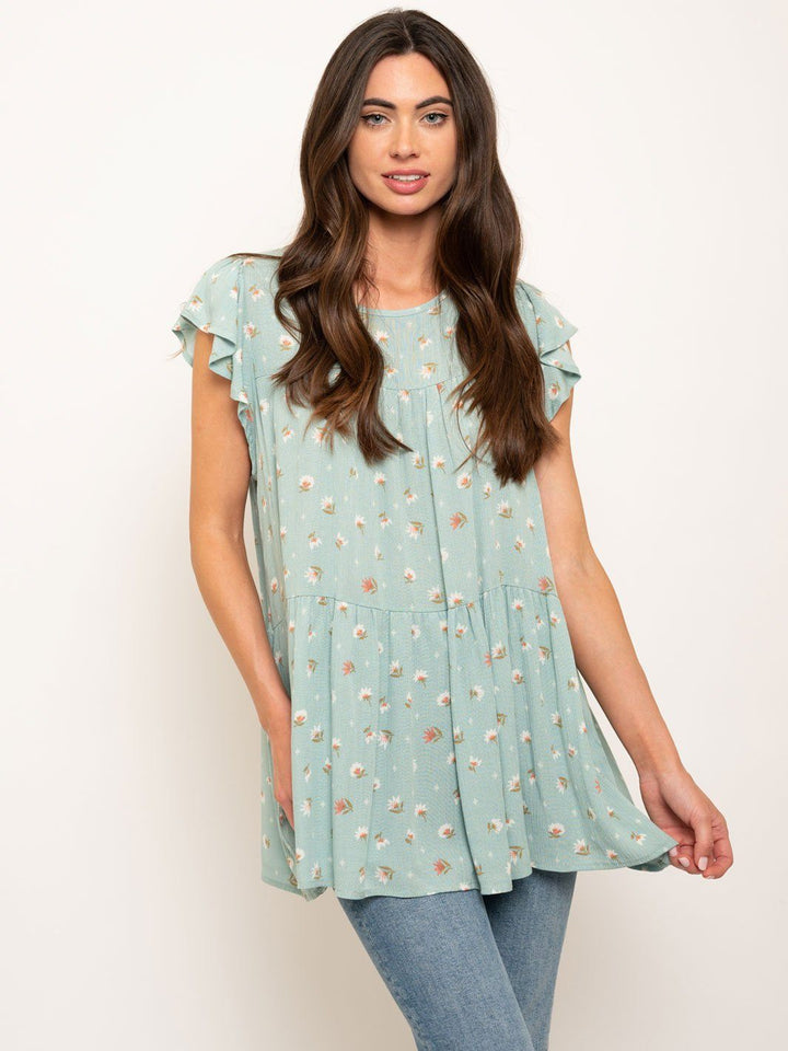 WOMEN'S SHORT RUFFLE SLEEVES FLORAL TUNIC TOP