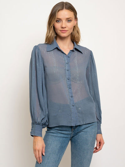 WOMEN'S LONG SLEEVE METALLIC STRIPES BUTTON FRONT TOP
