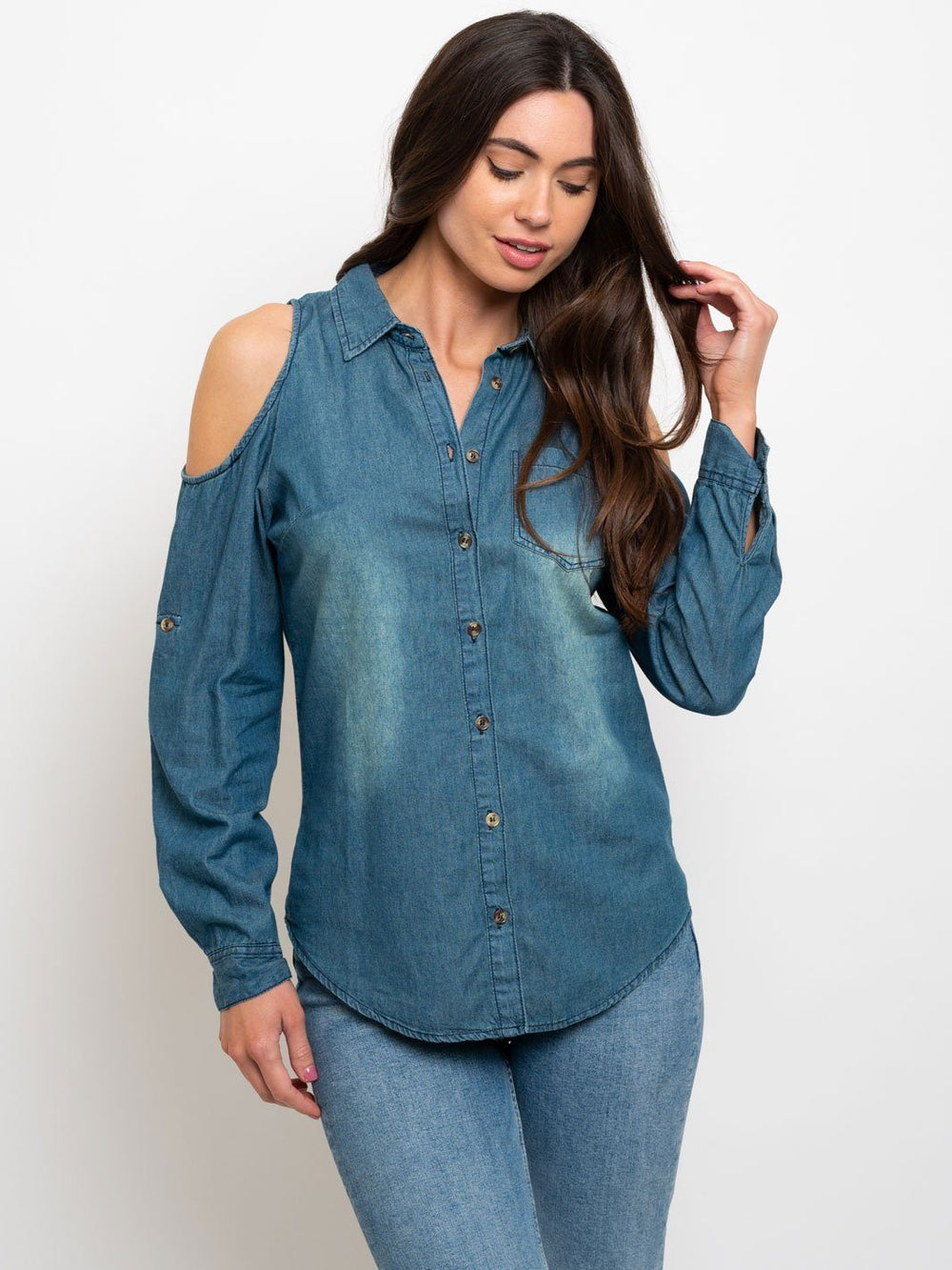 WOMEN'S COLD SHOULDER BUTTON DOWN CHAMBRAY TOP