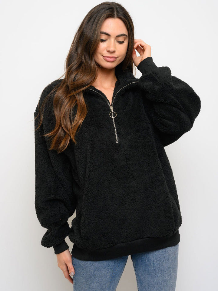 WOMEN'S FUZZY POCKETS ZIPPER CLOSURE PULLOVER SWEATER