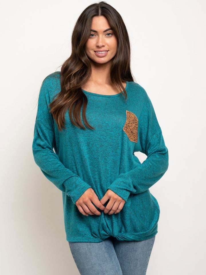 WOMEN'S LONG SLEEVE FRONT KNOT POCKET TOP