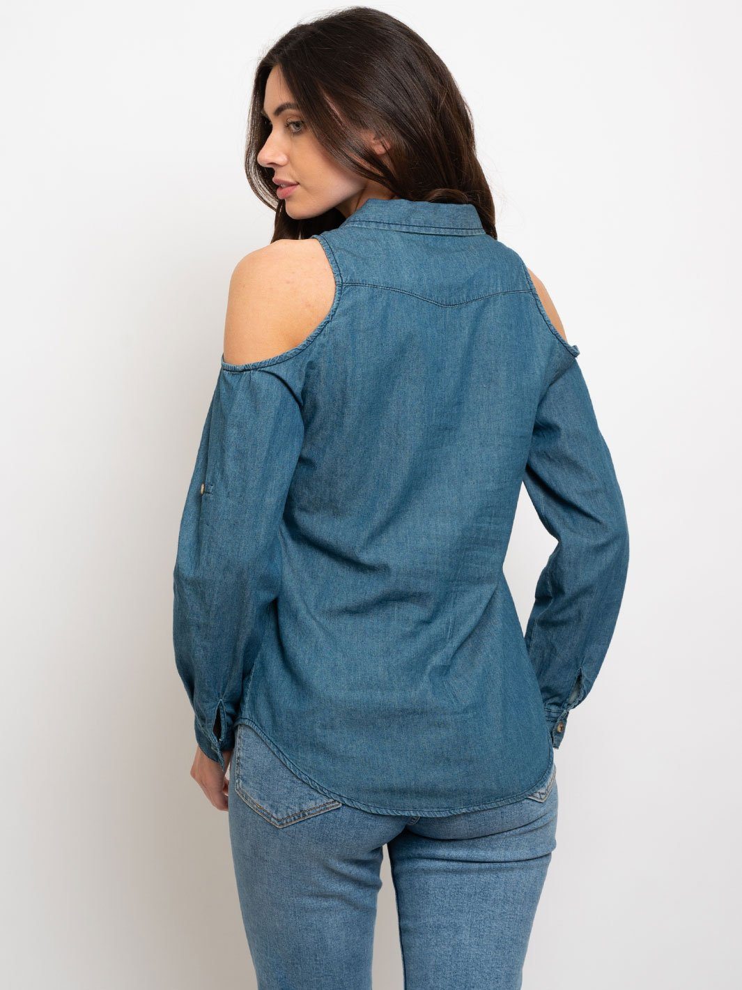 WOMEN'S COLD SHOULDER BUTTON DOWN CHAMBRAY TOP