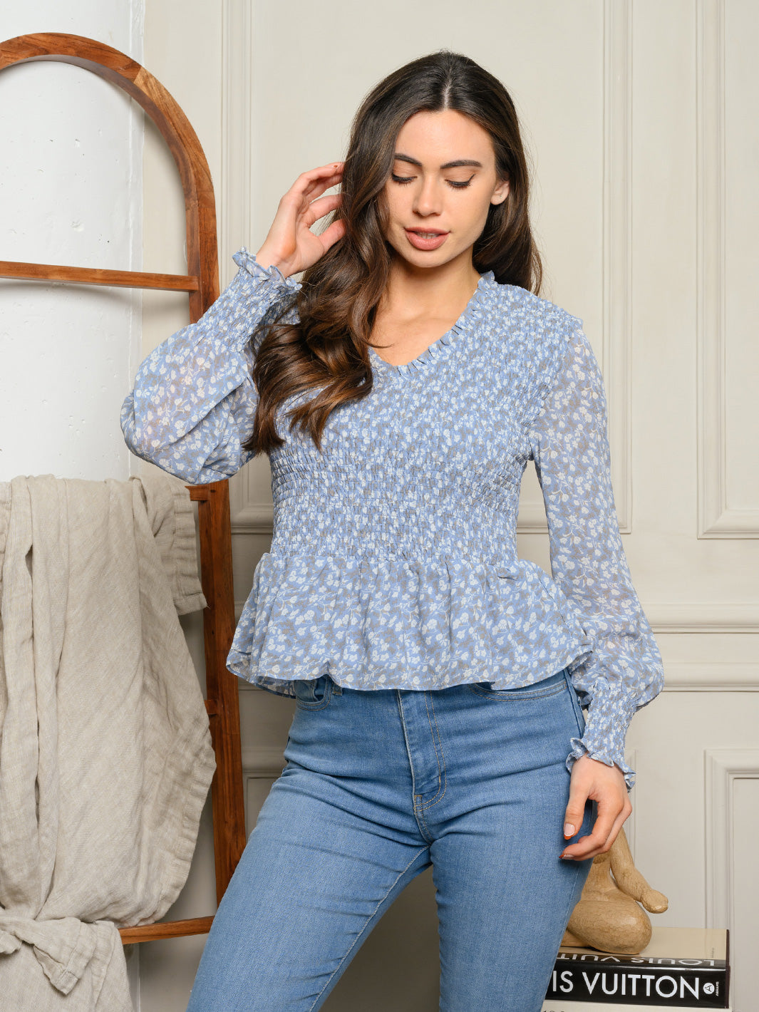 WOMEN'S SMOCKED LONG PUFF SLEEVE FLORAL PEPLUM TOP