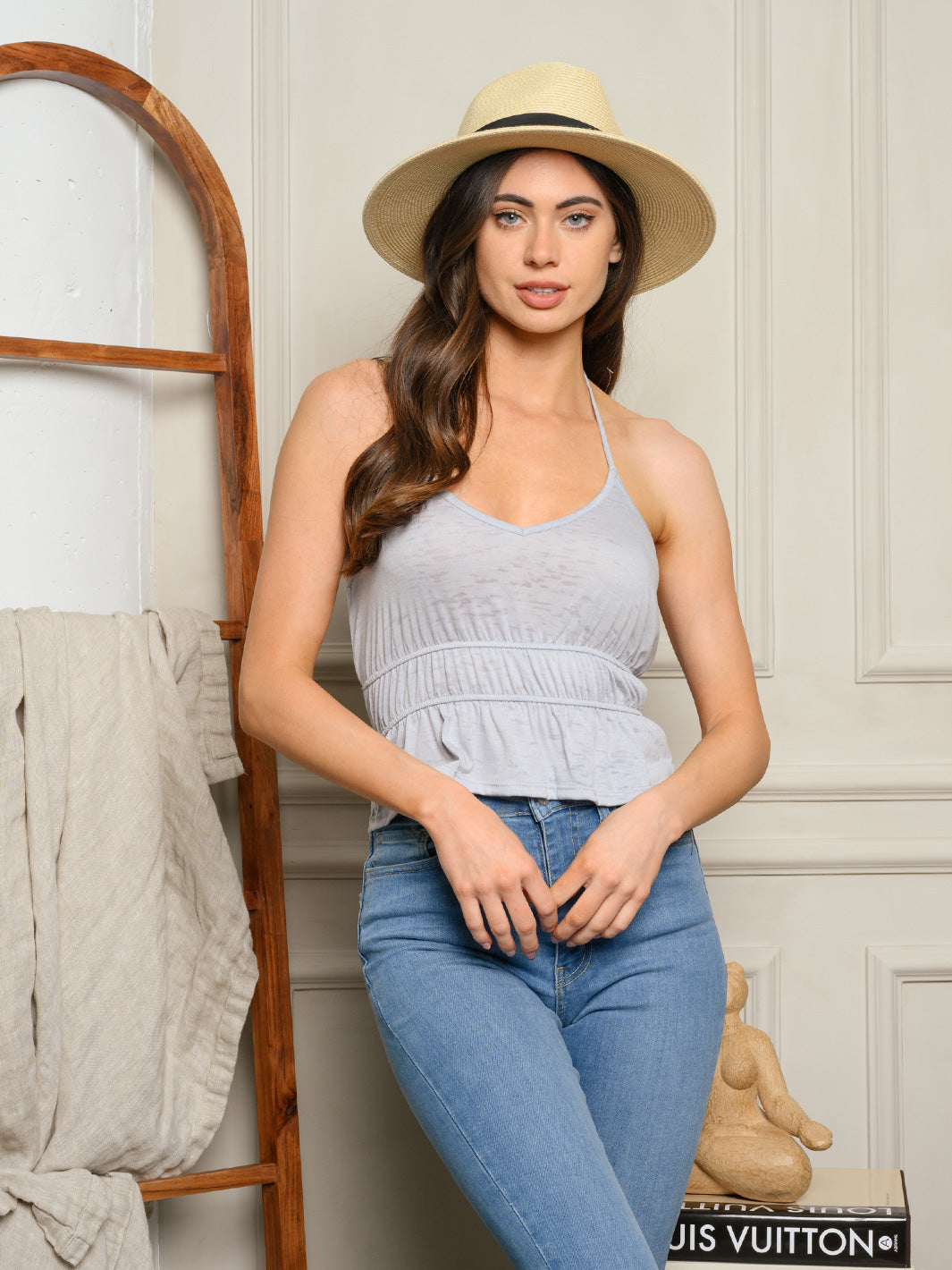 WOMEN'S SLEEVELESS HALTER ELASTIC WAIST TANK TOP