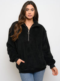 WOMEN'S FUZZY POCKETS ZIPPER CLOSURE PULLOVER SWEATER