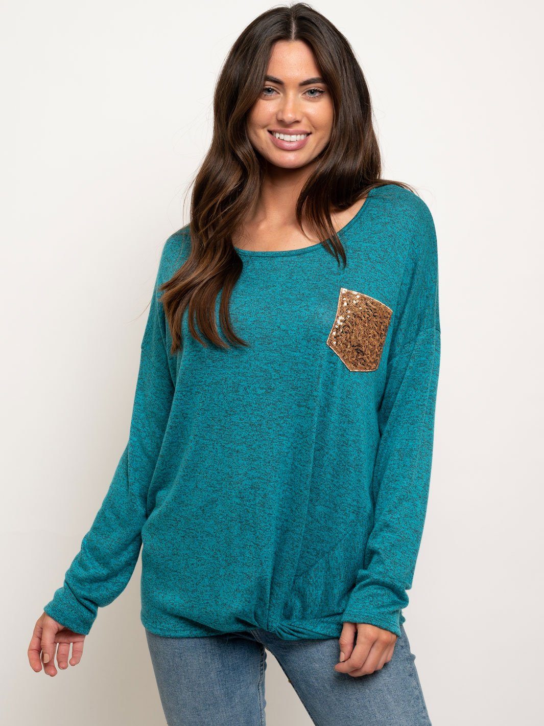WOMEN'S LONG SLEEVE FRONT KNOT POCKET TOP